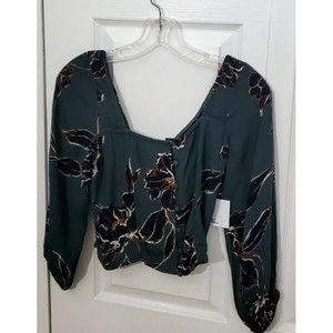 O'Neill Women Green Floral Crop Top 3/4 Balloon Sleeve Button Front Shirt XS NWT
